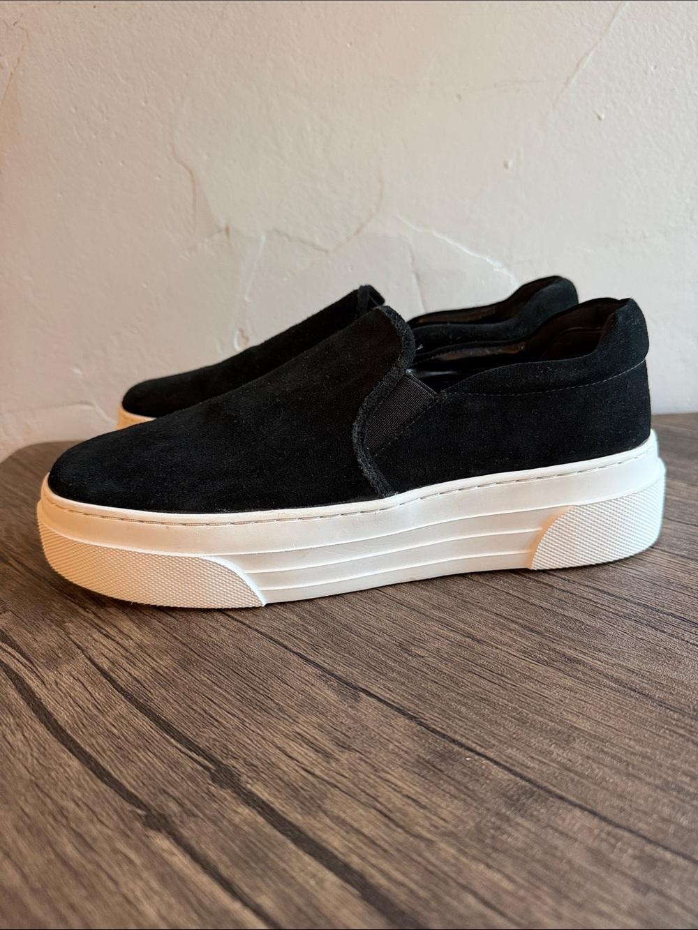 J Slides Black Suede Platform Slip-On Sneakers with White Sole